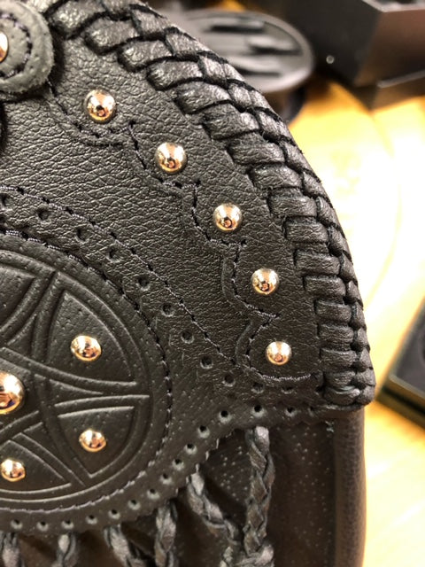 Close up of Black Leather Day Sporran with studs